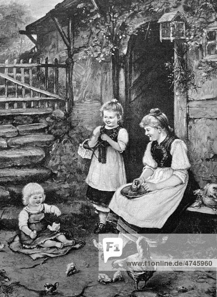 Children playing with chickens in a yard  historical illustration  ca. 1893