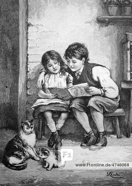 Kinder lesen in einem Buch  historisches Bild ca. 1893