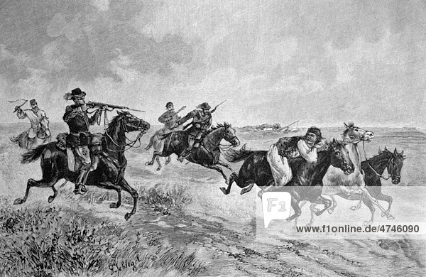 Pursuit of a horse thief in Hungary  historical illustration circa 1893