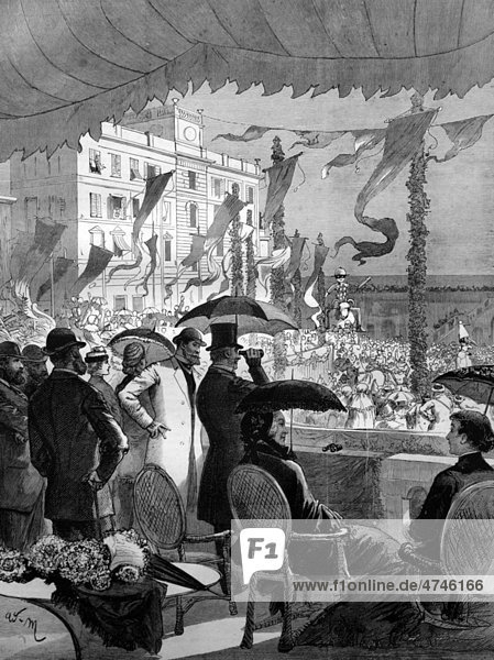 Mr and Mrs Gladstone betrachten den Karnevalszug vom Balkon der Präfektur in Nizza  Frankreich  historisches Bild  1884