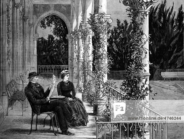 Gladstone on a terrace in Cannes  France  historical illustration  1884