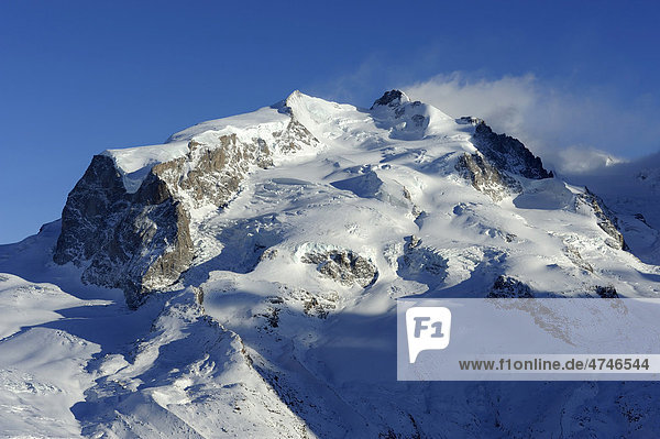 Monte Rosa Gebirge mit dem höchsten Berg der Schweiz  der Dufourspitze  Zermatt  Wallis  Schweiz  Europa