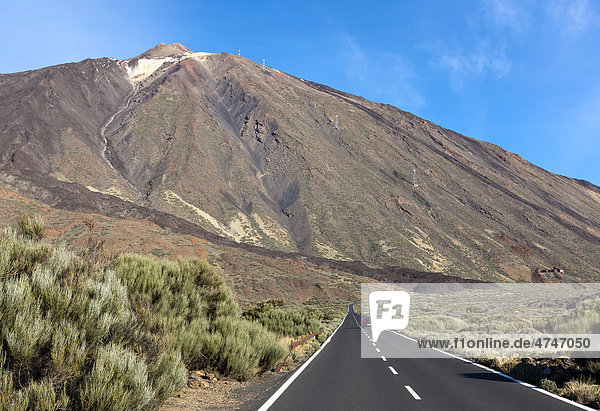 Straße TF-21  hinten der Pico del Teide  Teide-Nationalpark  Teneriffa  Kanarische Inseln  Spanien  Europa