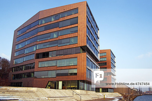 Modern office building in the port of Hamburg on the Elbe River  golden facade  Areal West  Grosse Elbstrasse  Altona  Hamburg  Germany  Europe