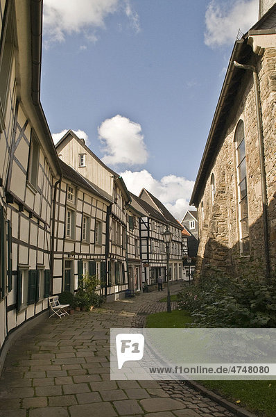 Section of the 143 restored ensemble of half-timbered houses around the church square of St. George's Church  Hattingen  Westfalen-Lippe  North Rhine-Westphalia  Germany  Europe