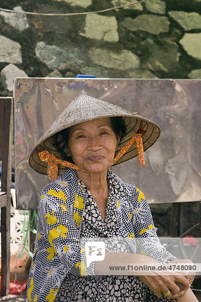 Market vendor selling goods at the market in Cai Be  Mekong Delta  Vietnam  Southeast Asia