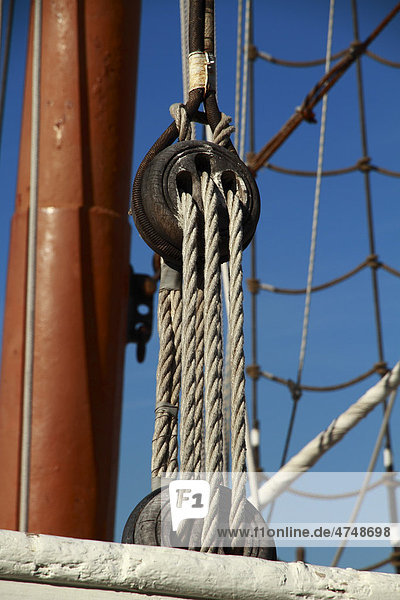 Tall ship  schooner  pulley detail  Ibiza  Spain  Europe