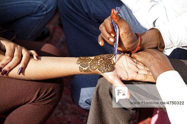 Woman getting a henna tattoo  Haldwani  Uttarakhand region  northern India  India  Asia