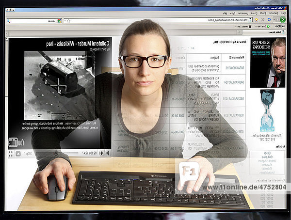 Young woman sitting at a computer surfing the Internet  viewing a page on the WikiLeaks site  view from within the computer  symbolic image