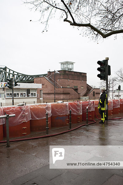 Schutzbarrikaden gegen Hochwasser und Überschwemmung in Frankfurt  hinten der Eiserne Steg  Frankfurt am Main  Hessen  Deutschland  Europa