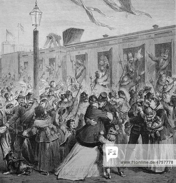 Empfang der Gardelandwehr auf dem Potsdamer Bahnhof zu Berlin am 22. März 1871  Illustrierte Kriegschronik 1870 - 1871  Deutsch-französischer Feldzug