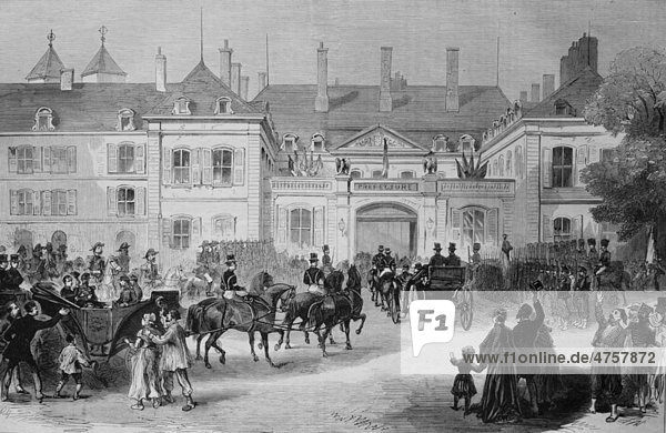 Ankunft des Kaiser Napoleon III. und des kaiserlichen Prinzen in Metz am 28. Juli 1870 historische Illustration Illustrierte Kriegschronik 1870 - 1871 Deutsch-französischer Feldzug