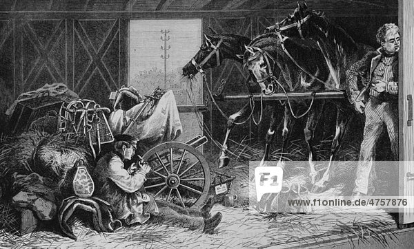 Kavallerietransport auf der Eisenbahn  Pferdestall eines Gardecorpsoffiziers  historische Illustration  Illustrierte Kriegschronik 1870 - 1871  Deutsch-französischer Feldzug