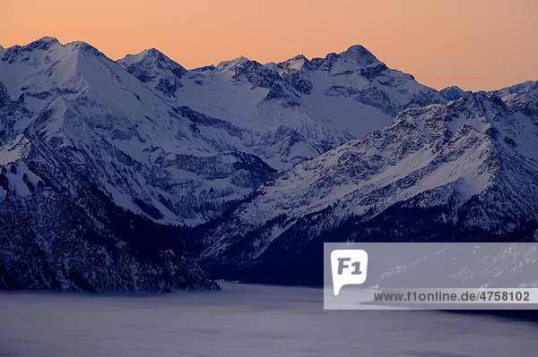 Sonnenaufgang über winterlichen Berggipfeln mit Nebelmeer  Sonthofen  Allgäu  Bayern  Deutschland  Europa
