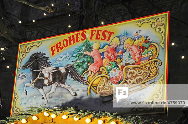 Frohes Fest  Schild auf dem Weihnachtsmarkt  Dortmund  Ruhrgebiet  Nordrhein-Westfalen  Deutschland  Europa