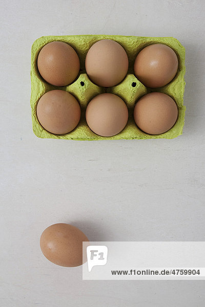 Sechs braune Eier in Eierkarton  eins daneben
