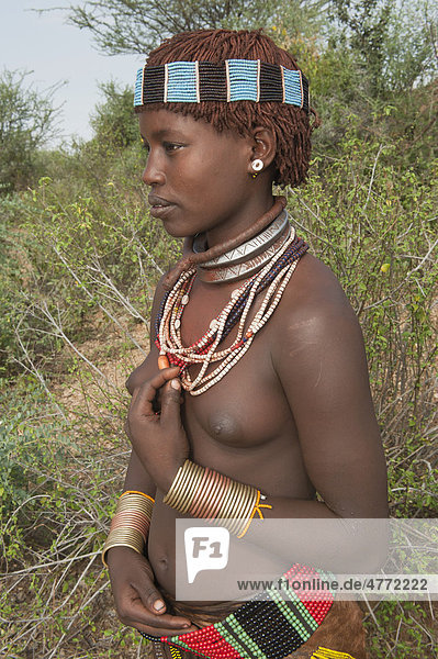 Junge Hamar Frau mit bunten Perlenketten und Kopfschmuck  Omo-Tal  Süd Äthiopien  Afrika