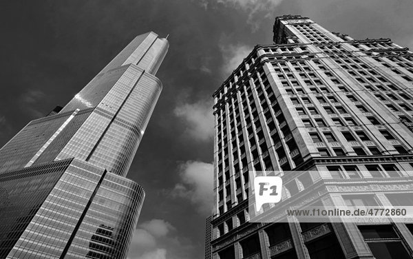 Schwarz-weiß  Blick auf das Trump International Tower  Wrigley Building  Loop  Chicago  Illinois  Vereinigte Staaten von Amerika  USA  Amerika