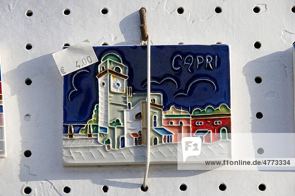 Ceramic tile with a Capri motif  souvenir  Capri  island of Capri  Italy  Europe