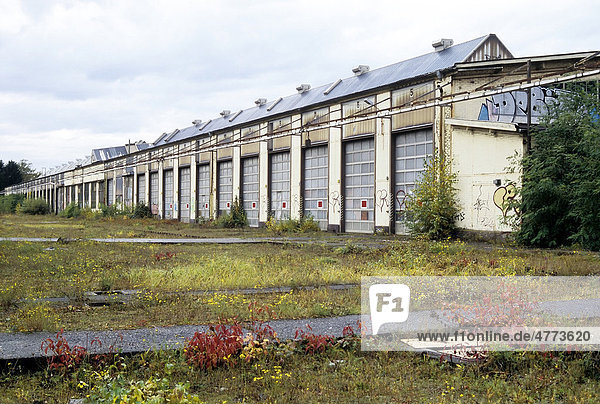 Industrial hall a former train repair centre closed in 2003 Wedau district Duisburg North Rhine-Westphalia Germany Europe