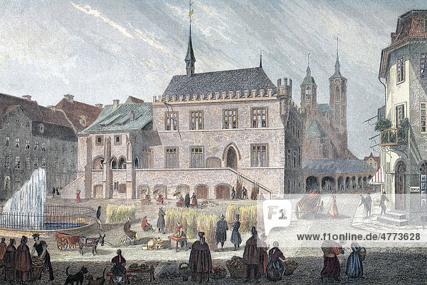 View of Goettingen  town hall  about 1845  historic cityscape  steel engraving created in the 19th century  Lower Saxony  Germany  Europe