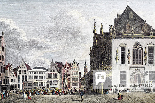View of Bremen  marketplace and town hall  about 1820  historic cityscape  steel engraving created in the 19th century  Germany  Europe