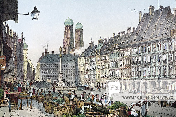 München  Schrannenplatz um 1835  historische Stadtansicht  Steindruck aus dem 19. Jh.  Bayern  Deutschland  Europa