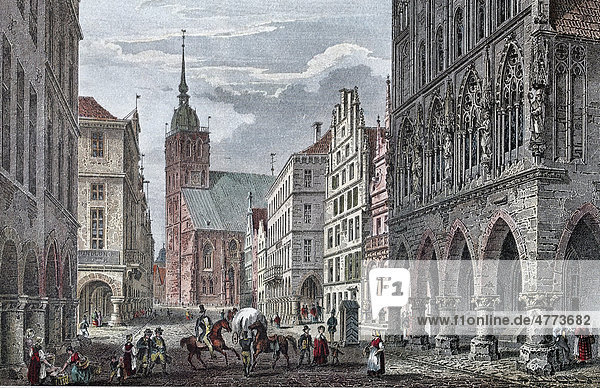 Muenster  Prinzipalmarkt square in 1850  historical townscape  steel engraving from the 19th Century  North Rhine-Westphalia  Germany  Europe