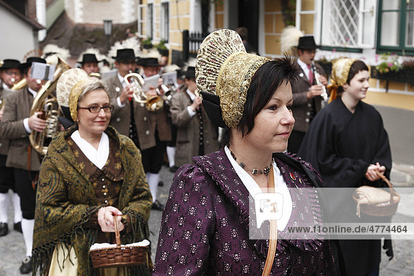 Women wearing traditional gold caps during a Thanksgiving procession  Thanksgiving Festival  Spitz  Wachau  Waldviertel  Forest Quarter  Lower Austria  Austria  Europe