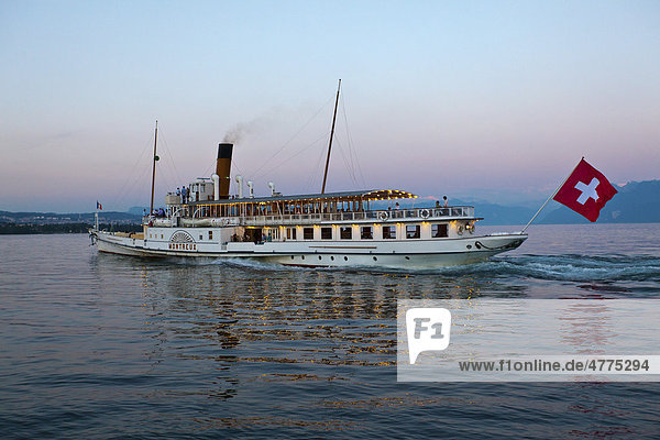 Old paddle-steamer as a ferry for tourists  Morges  Canton of Vaud  Lake Geneva  Switzerland  Europe