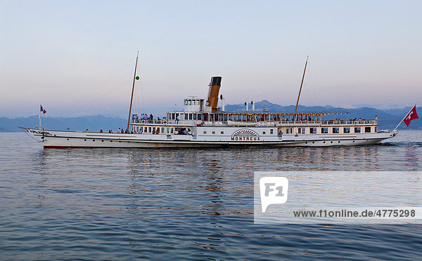 Old paddle-steamer as a ferry for tourists  Morges  Canton of Vaud  Lake Geneva  Switzerland  Europe