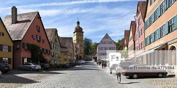 Elsasser Gasse street in the historic district  Segringer Tor gate at the back  Dinkelsbuehl  administrative district of Ansbach  Middle Franconia  Bavaria  Germany  Europe