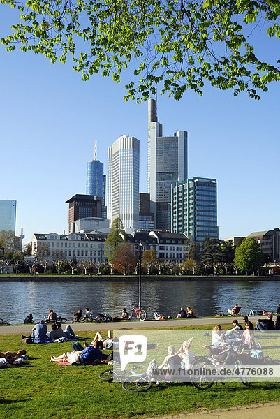 Leute am Mainufer  Schaumain Kai  Museumsufer  dahinter die Skyline vom Büro- und Bankenviertel  Frankfurt am Main  Hessen  Deutschland  Europa
