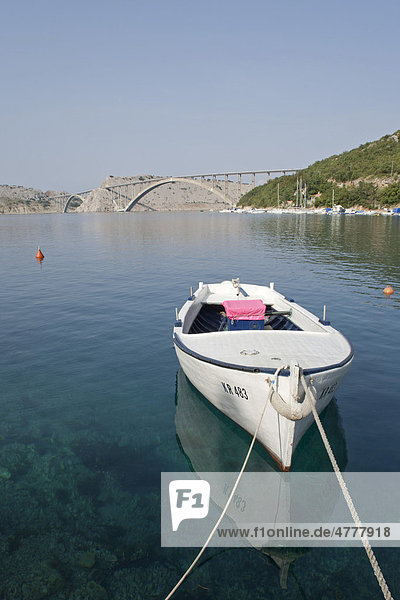 Fishing boats in front of the bridge to the Island of Krk  Kvarner Bay  Adriatic Coast  Croatia  Europe
