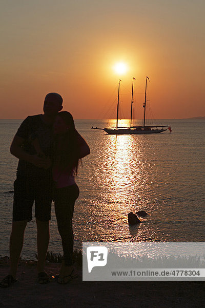 Sunset at the harbour  Mykonos town  Mykonos island  Cyclades  Aegean Sea  Greece  Europe