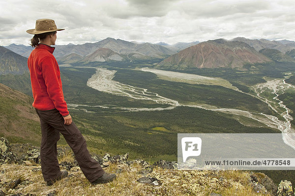 Young woman hiking  enjoying panorama  view  Wind River Valley  Northern Mackenzie Mountains  Yukon Territory  Canada