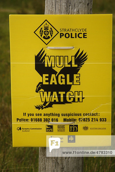 Mull Eagle Watch  Englisch für Insel Mull  Adler werden überwacht  Poster der Polizei von Strathclyde  Isle of Mull  Innere Hebriden  Schottland  Großbritannien  Europa
