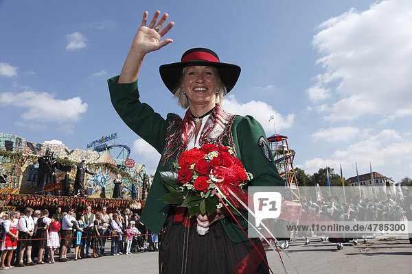 Woman in traditional Brochenzell costume from Baden-Wuerttemberg  Costume and Riflemen's Procession at the Oktoberfest  Munich  Upper Bavaria  Bavaria  Germany  Europe
