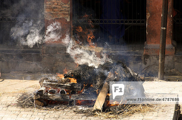 Qualmender Scheiterhaufen bei traditioneller Leichenverbrennung  Pashupatinath  Nepal  Asien