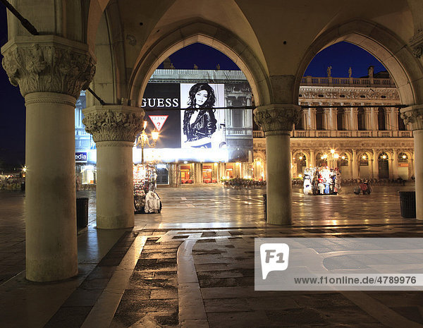 Arcade of the Doge's Palace and Piazzetta San Marco at night  Piazza San Marco or St. Mark's Square  Venice  Veneto  Italy  Europe