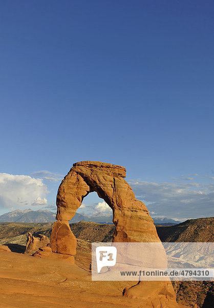 Steinbogen Delicate Arch  La Sal Mountains  Arches Nationalpark  Moab  Utah  Südwesten  Vereinigte Staaten von Amerika  USA