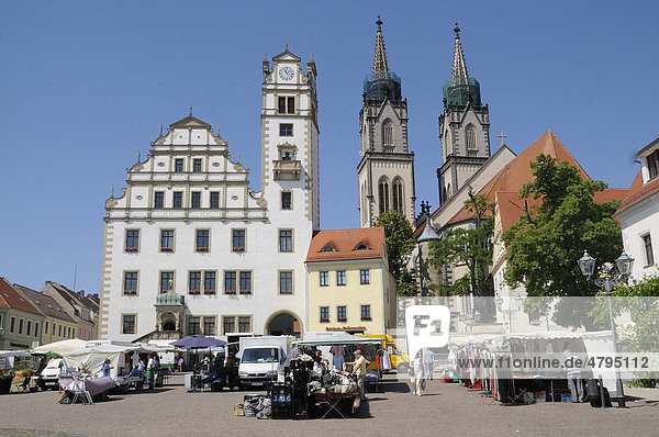 St. Aegidien church  town hall and market square of Oschatz  Landkreis Nordsachsen county  Saxony  Germany  Europe