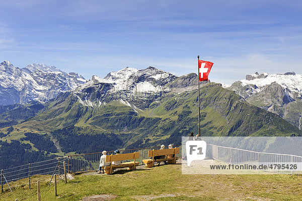 Viewing platform at the mountain top station of the 2334 metre high Maennlichen Mountain overlooking the 2973 metre high Schilthorn Mountain in the Bernese Alps  Canton of Bern  Switzerland  Europe