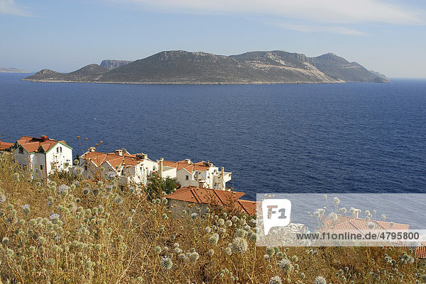 Sicht auf die griechische Insel Kastelorizo oder Meis  Häuser auf der Halbinsel Cukurbag  Kas  lykische Küste  Provinz Antalya  Mittelmeer  Türkei  Eurasien