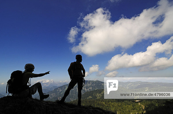 Climbers Gamssteig climbing route Steinplatte Mountain outdoor Reit im Winkl Chiemgau Upper Bavaria Bavaria Germany Tyrol Austria Europe