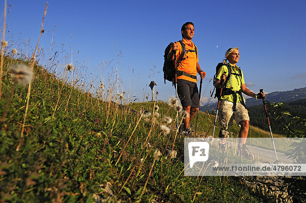 Hikers on the Winklmoos Alm alpine pasture  Reit im Winkl  Chiemgau  Upper Bavaria  Bavaria  Germany  Europe