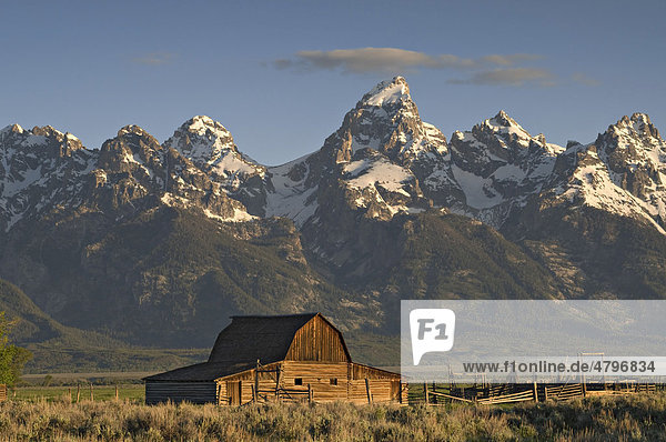 Alte Farm  dahinter Teton Range  Grand Teton Nationalpark  Wyoming  USA  Nordamerika