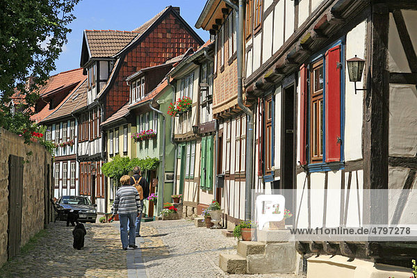 Gasse mit Fachwerkhäusern auf dem Schlossberg von Quedlinburg im Ostharz  Sachsen-Anhalt  Deutschland  Europa