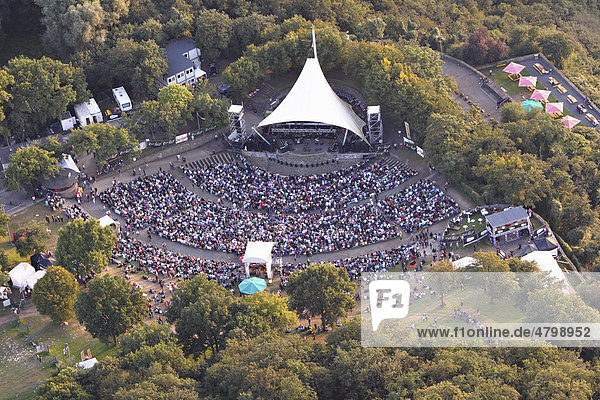 Aerial view  Freilichtbuehne Loreley open-air stage on the Loreley-Plateau at Loreley Rock  high above the Rhine river during a concert by singer Xavier Naidoo  Sankt Goarshausen  Rhineland-Palatinate  Germany  Europe