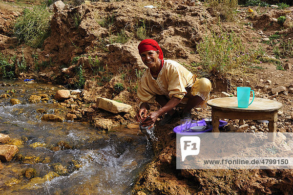Elderly Berber woman cleaning dishes in a stream  Middle Atlas  Morocco  Africa